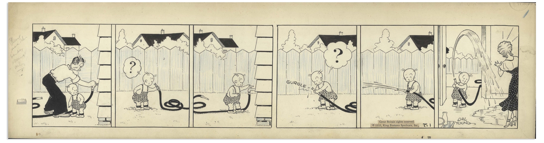 Chic Young Hand-Drawn ''Blondie'' Comic Strip From 1935 Titled ''Daddy's Little Helpmate'' -- Baby Dumpling Causes Mischief